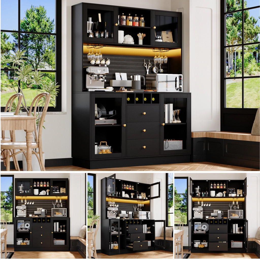 Mobile alto DESMIU con illuminazione LED smart, ripiani regolabili, portasciampagne e struttura anti-ribaltamento, nero 140x40x185,7 cm