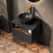 Mobile bagno sospeso con lavabo in ceramica e cassetto con frontale in legno illuminazione LED con sensore colore nero