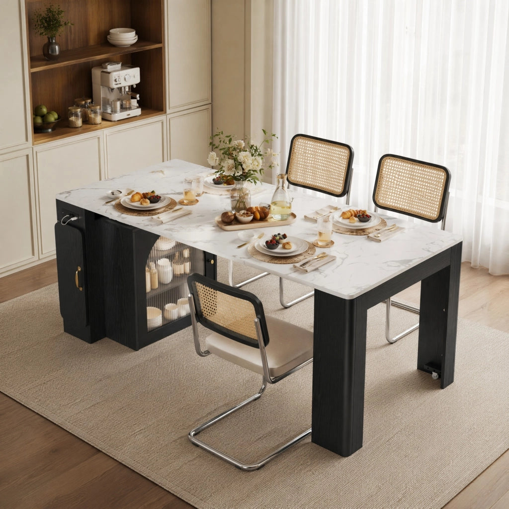 Tavolo allungabile per cucina e sala da pranzo con tre piani estraibili ruote nascoste LED e prese USB Type-C bianco e nero