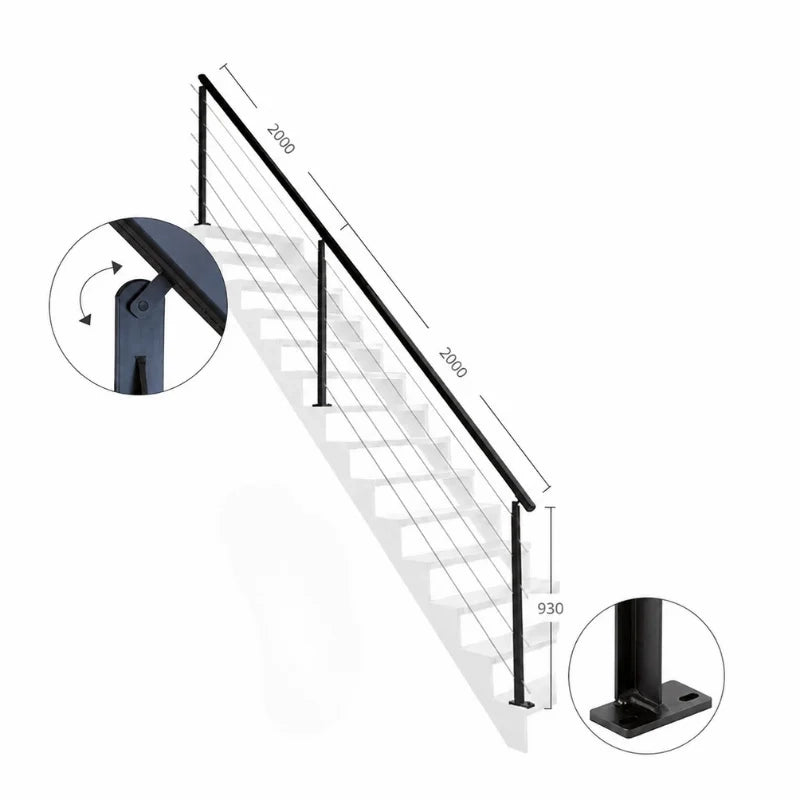 UNIVERSO - Kit balaustra piatta in acciaio nero da 4 m con corrimano in acciaio