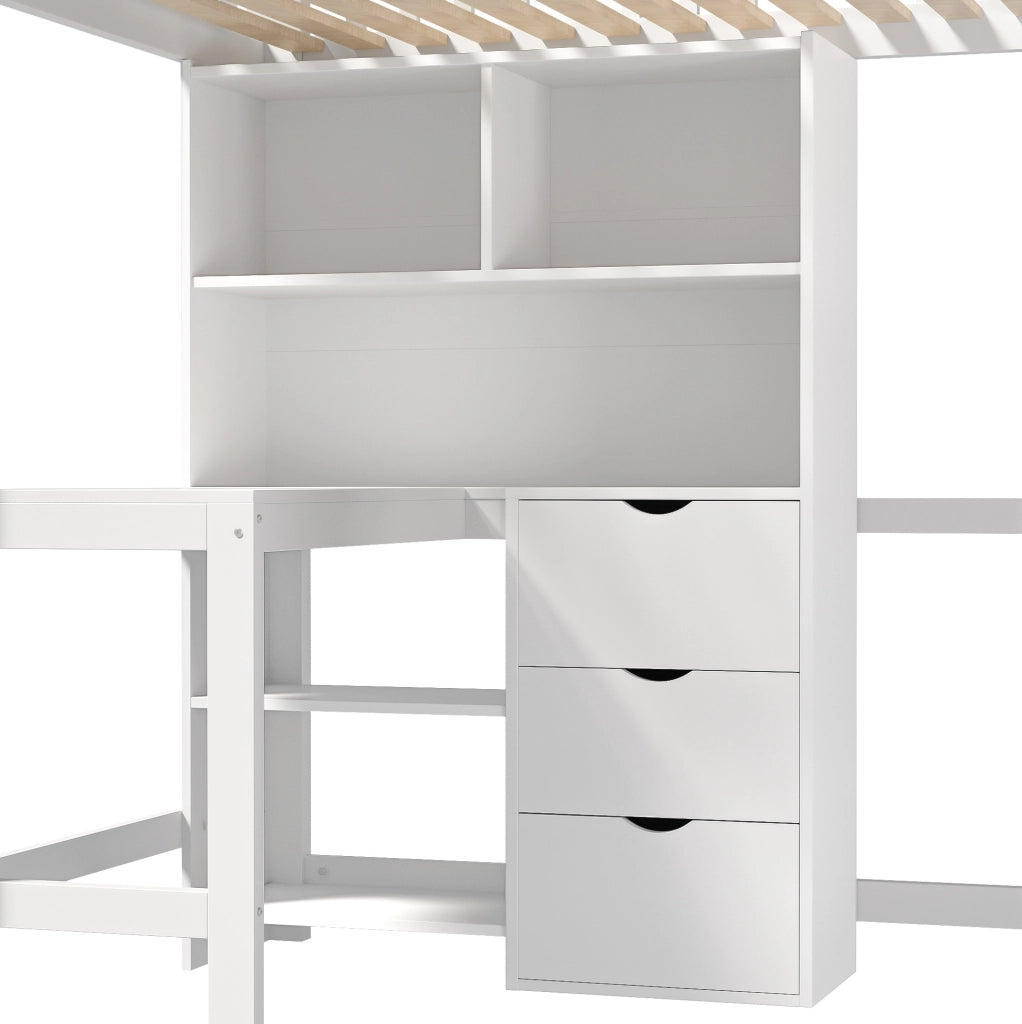 Letto a soppalco 90x200 cm con scrivania e 3 cassetti in pino bianco