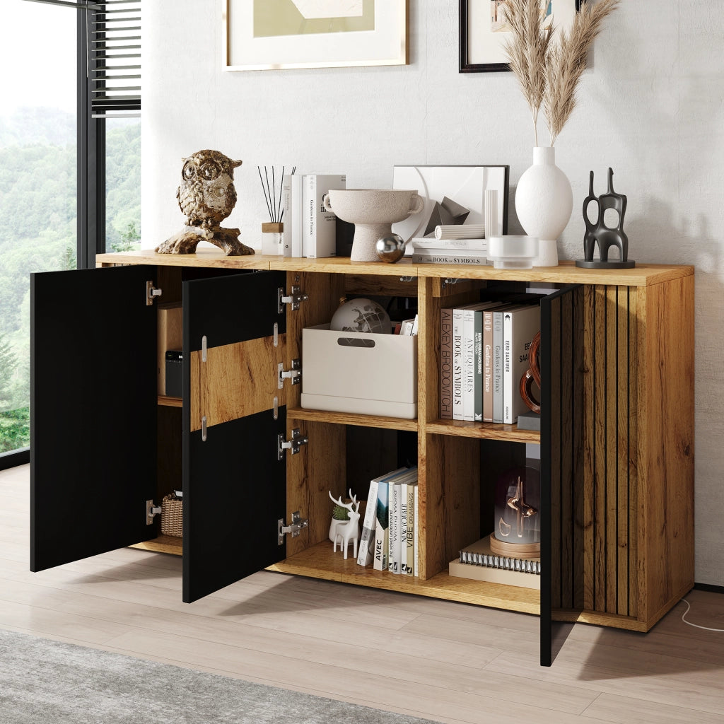Madia nera e legno con 3 ante; credenza moderna da 140 cm in MDF e pannello truciolare