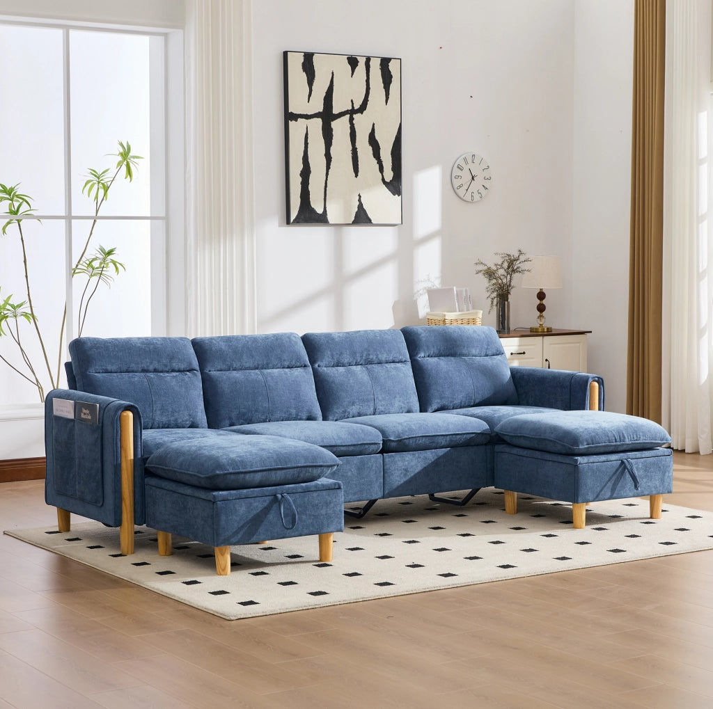 Divano modulare a U per 4 posti con 2 pouf contenitore; in chenille blu; 261 cm