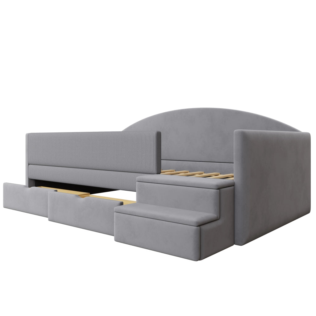 Letto per bambini 90 × 190 cm con 2 cassetti; barriere e gradini; senza materasso; imbottito grigio chiaro