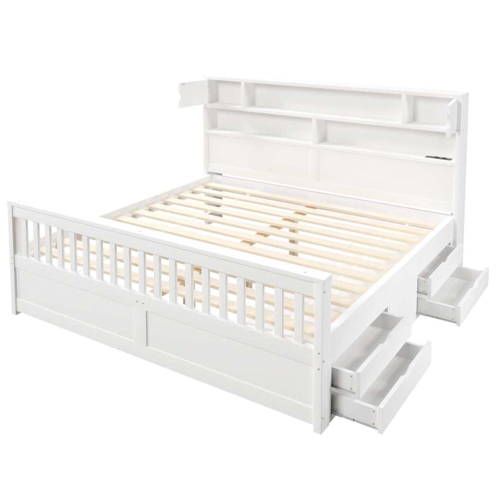 Letto 180x200 cm con testiera libreria, LED regolabile, USB e 4 cassetti in MDF bianco