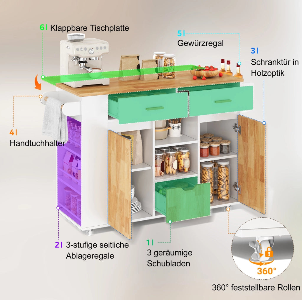 Isola da cucina mobile con piano pieghevole e cassetti