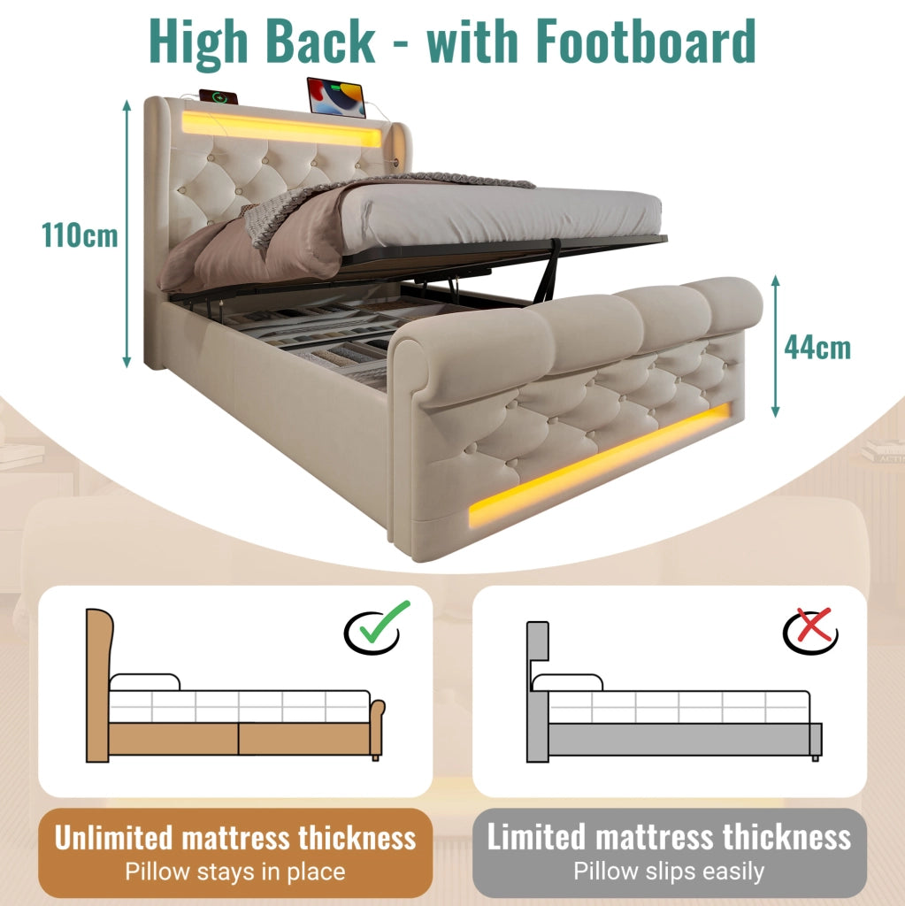 Letto imbottito con contenitore 90x200 cm in velluto beige, LED integrato e prese USB Type-C
