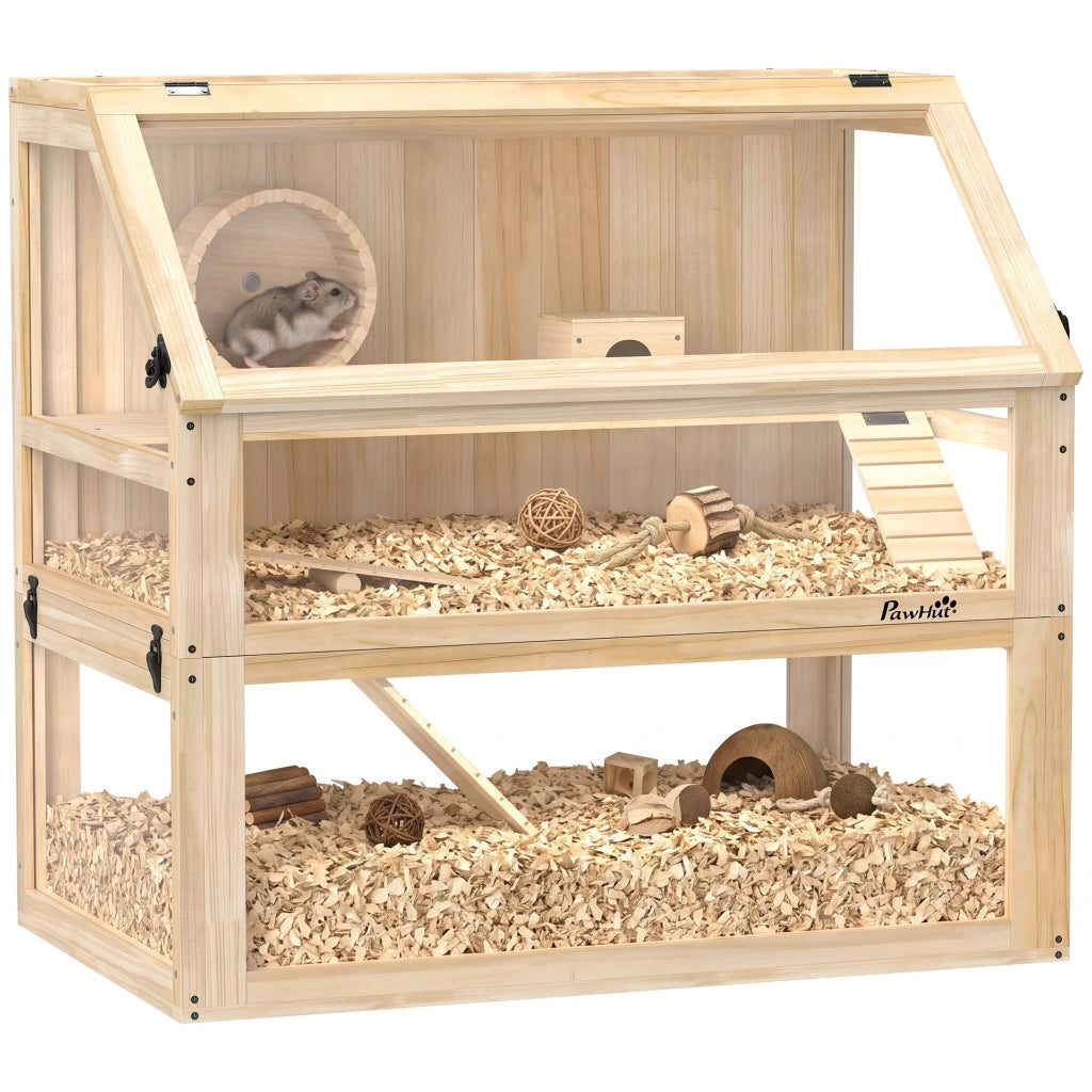 Gabbia per criceti in legno a 3 piani con coperchio ribaltabile e ruota per piccoli roditori 80 x 50 x 76 cm legno naturale