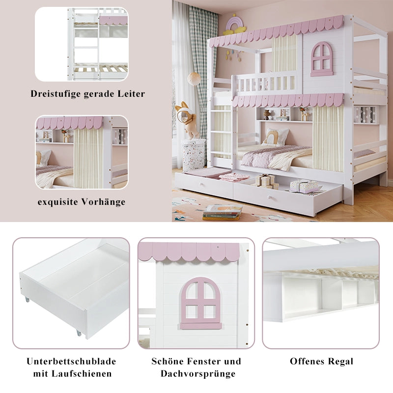 Letto a castello per bambini 90x200 cm con 2 cassetti; mensole; finestre e tende; pino MDF bianco rosa