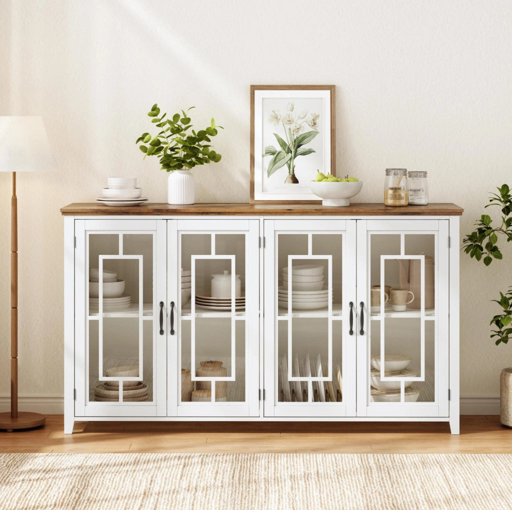 Sideboard da cucina largo 160 cm con ante in vetro e piano effetto legno