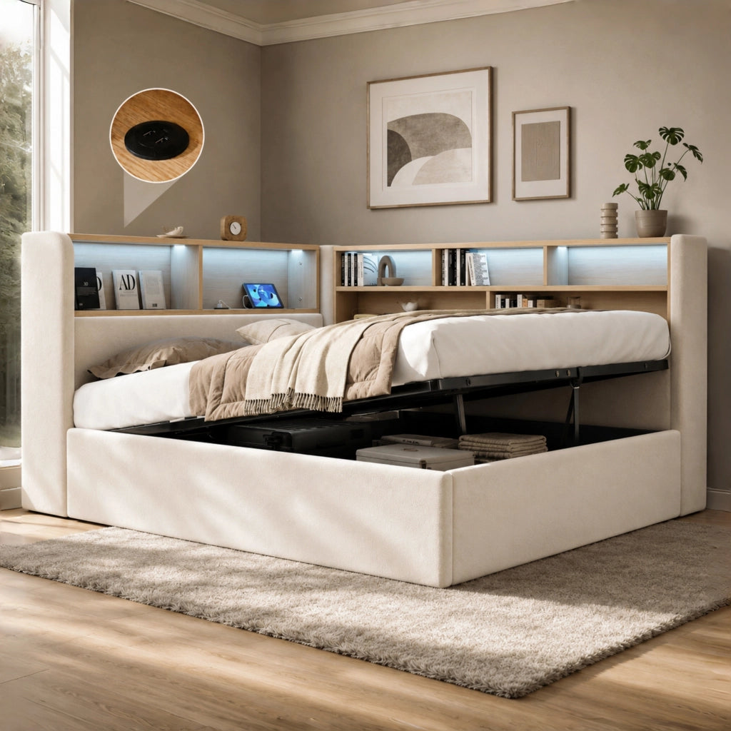 Letto imbottito con contenitore idraulico in velluto beige con LED porte USB e Type-C rete a doghe inclusa