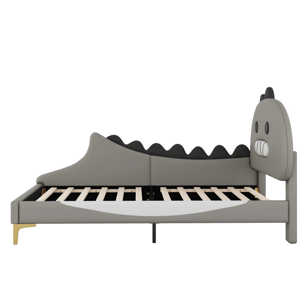 Letto singolo 90 × 200 cm con testiera a dinosauro in PU e MDF grigio