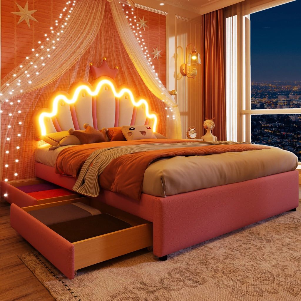 Letto per bambini 140×200 cm con 2 cassetti; LED multicolore e testiera regolabile; senza materasso; rosa