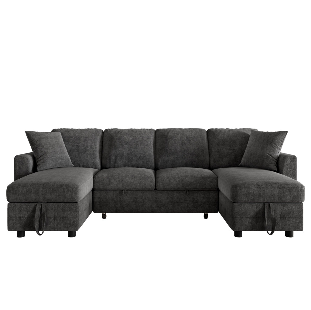 Divano letto estraibile in ciniglia con 2 chaise longue contenitore; USB e Type-C; grigio scuro