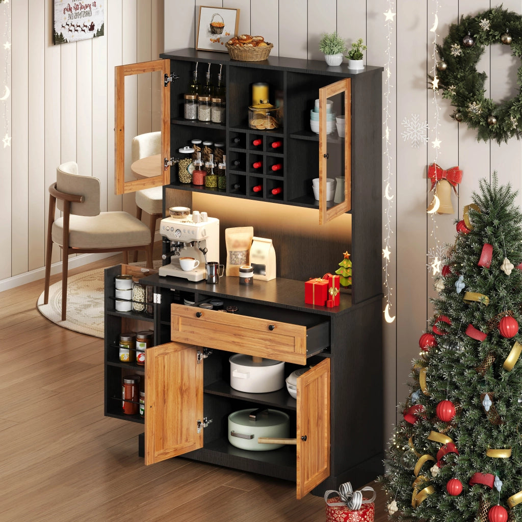 Mobile colonna da cucina con 5 ante; cassetto; ripiani regolabili; LED e prese nero naturale 180 × 105 × 40 cm