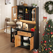 Mobile colonna da cucina con 5 ante; cassetto; ripiani regolabili; LED e prese nero naturale 180 × 105 × 40 cm