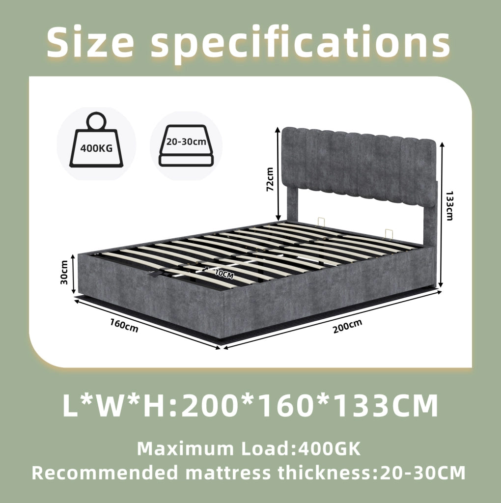 Letto imbottito moderno 160x200 cm con testiera morbida e contenitore grigio