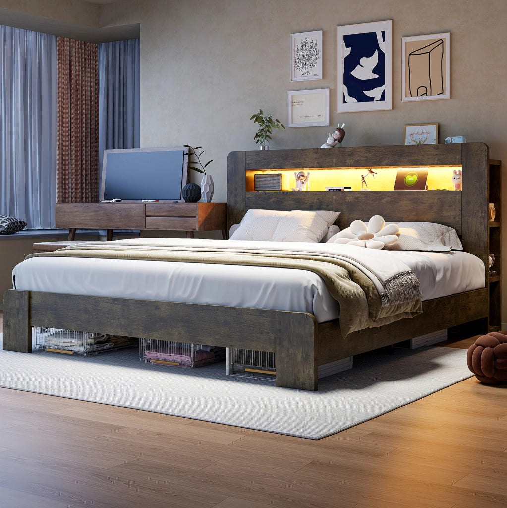 Letto in legno con testiera contenitore, illuminazione LED e prese integrate 180x200 cm Vintage