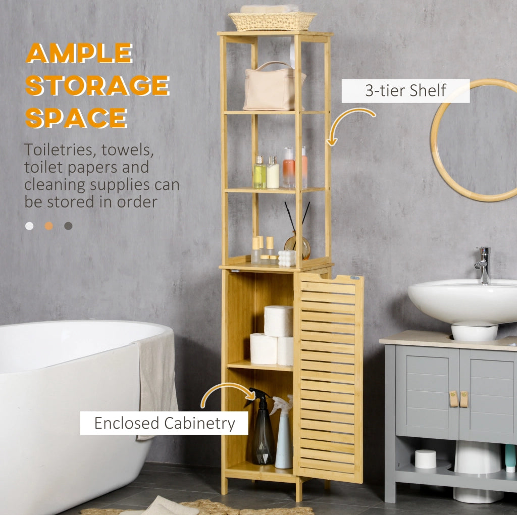 Mobiletto da bagno in bambù 34x30x173 cm con 3 ripiani aperti e 1 anta, stabile e salvaspazio
