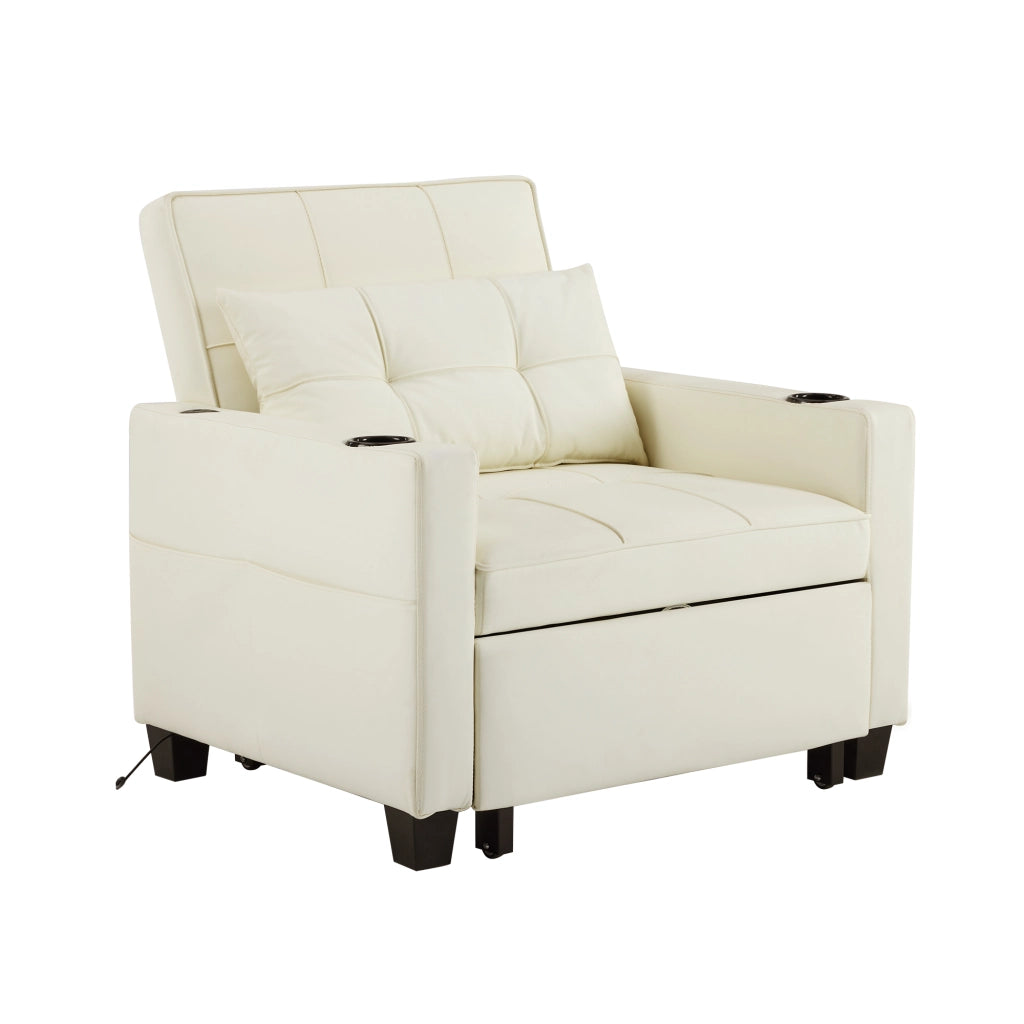 Poltrona letto estraibile 3 in 1 con schienale regolabile, portabicchieri e tasca laterale in ecopelle bianca