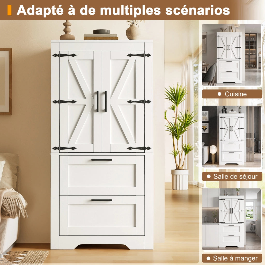 Mobile contenitore alto con ante stile fienile e 2 cassetti ripiani regolabili bianco