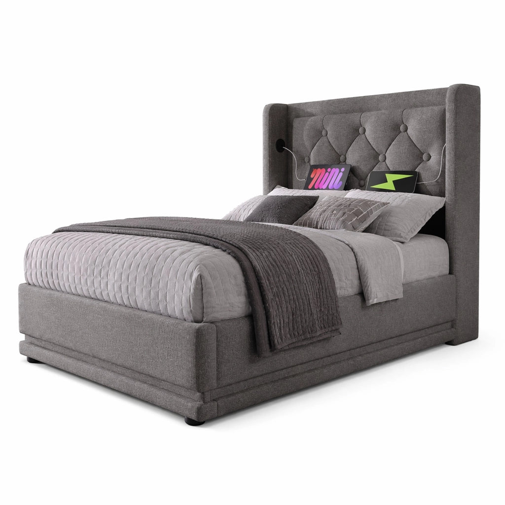 Letto contenitore 90 × 200 cm in cotone grigio con LED; USB e Type-C