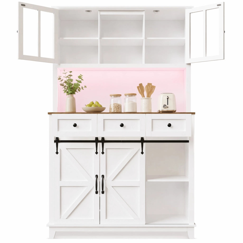 Credenza alta da cucina 105x38,4x180 cm in MDF bianco con LED, ante scorrevoli e ripiani regolabili