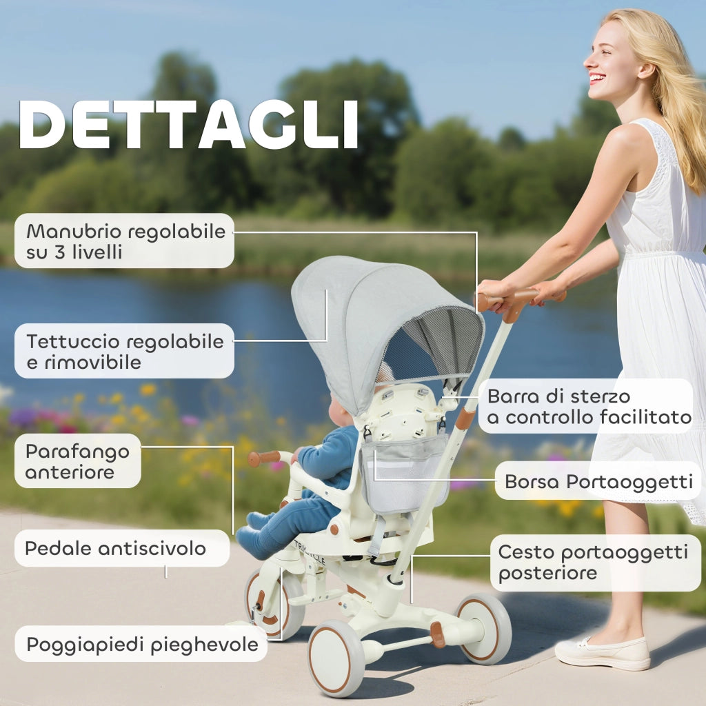 Triciclo per Bambini 5 in 1 96,5x49x101 cm con Maniglione e Cinture di Sicurezza Bianco Crema