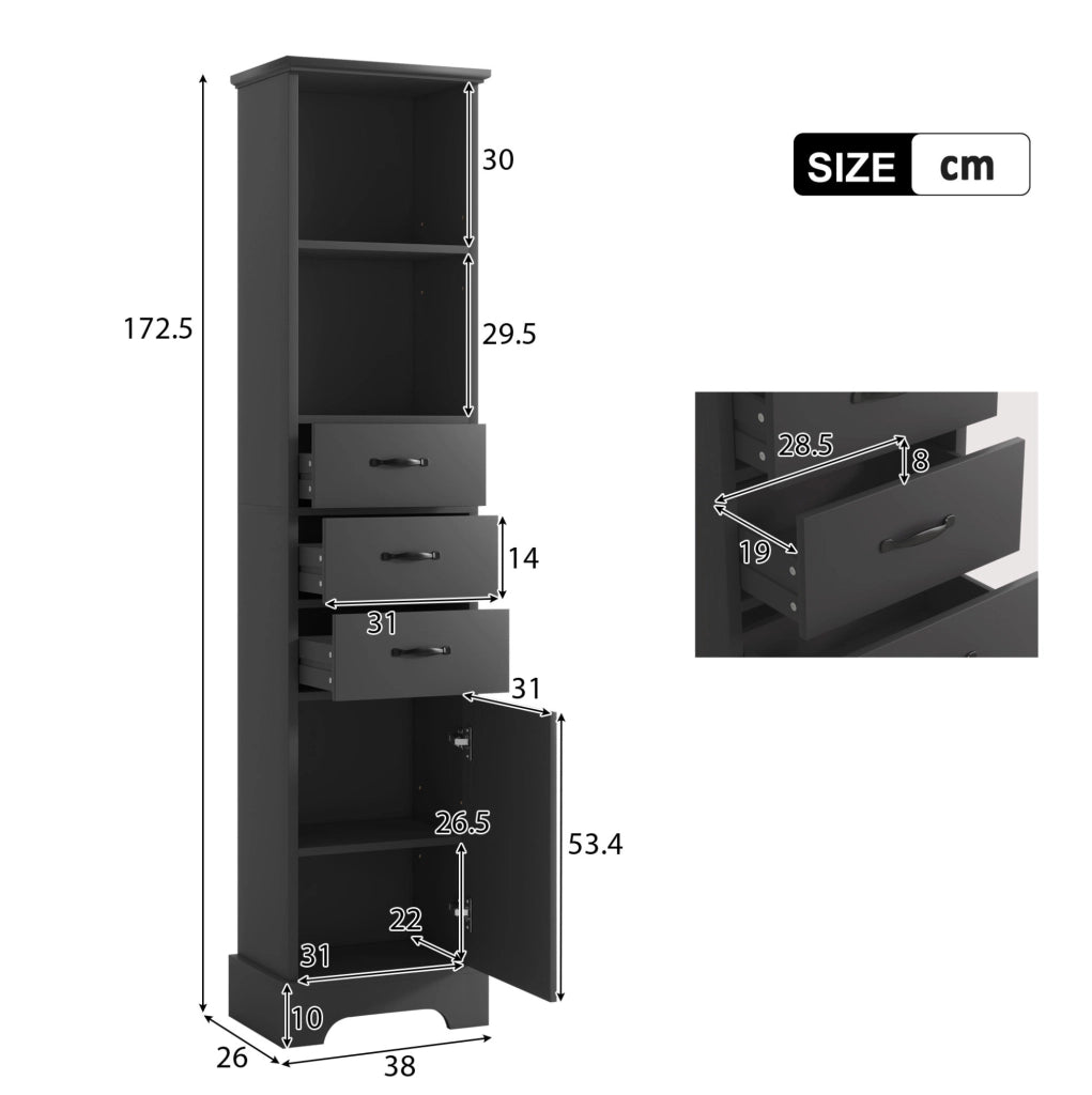Mobile bagno nero da 38x26x172,5 cm in MDF con 3 cassetti, ripiani regolabili e anta, verniciato per resistenza all'umidità