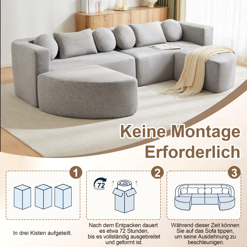 Divano letto modulare in ciniglia grigio con imbottitura elastica già compresso senza montaggio 68 × 292 × 165 cm