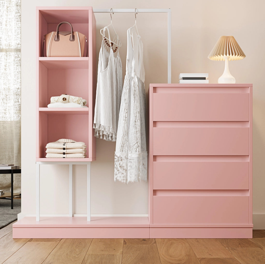 Mobile con 4 cassetti, scaffali aperti e barra appendiabiti, in rosa e bianco, 140x40x135 cm