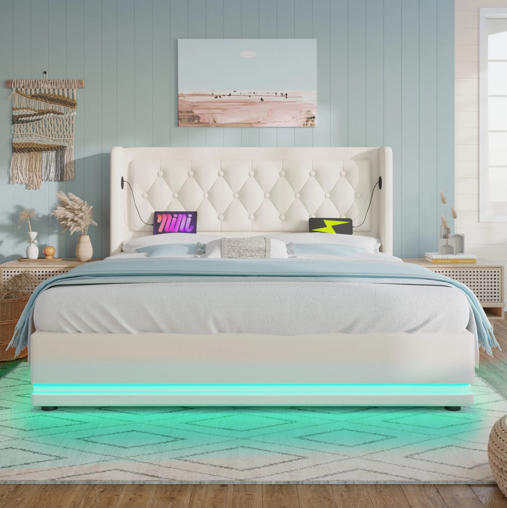 Letto matrimoniale 160x200 cm con contenitore; LED e USB-C; in PU bianco