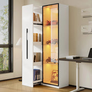 Mobile multifunzione 70 x 40 x 160 cm con libreria estraibile; vetrina LED e vetro temperato; MDF bianco
