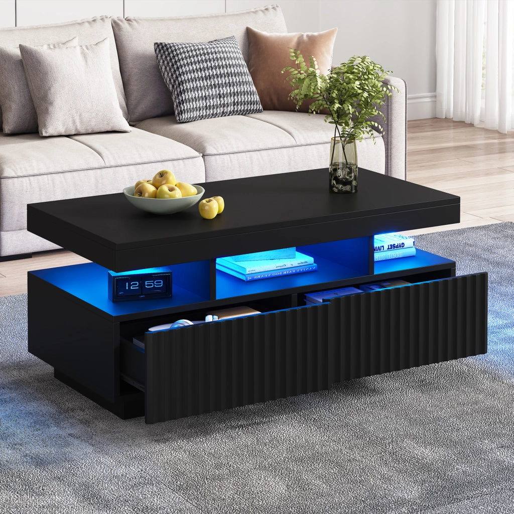 Tavolino da salotto nero 100x50x45 cm con due cassetti e LED