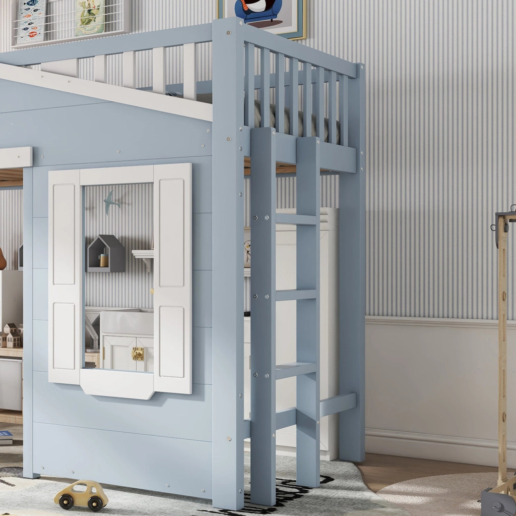 Letto a castello per bambini con scala reversibile e finestra decorativa