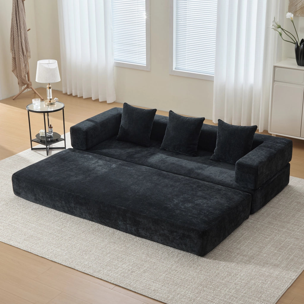 Divano modulare in ciniglia nero 198x79x60 cm con tasche laterali e base antiscivolo