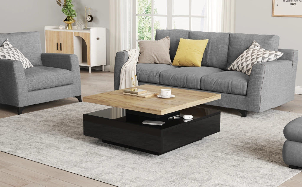 Tavolino da Salotto Quadrato con Piano Girevole a 360 Gradi Noce e Nero 70x70x36 cm