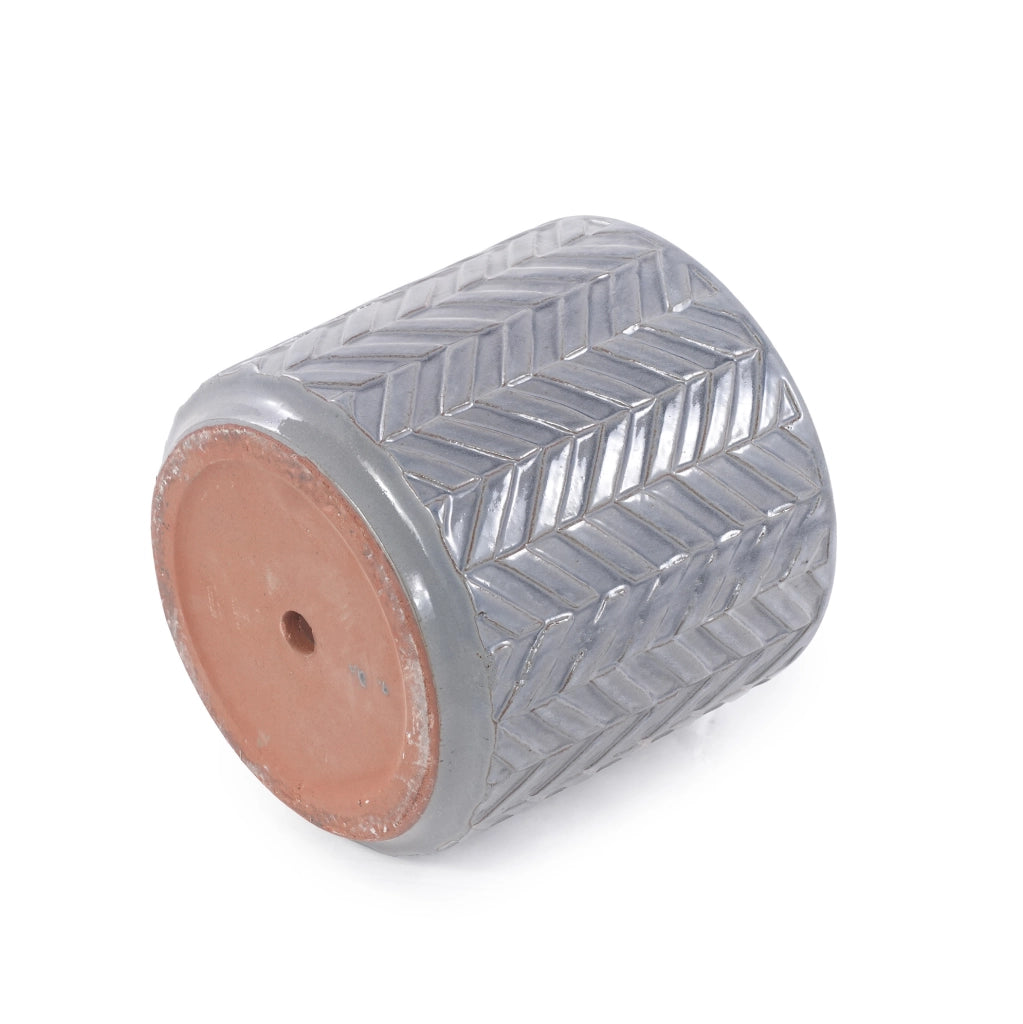 Vaso in ceramica media Ø31,5 cm con rilievo motivo spina di pesce, colore grigio cenere lucido, con foro di drenaggio, resistente al gelo
