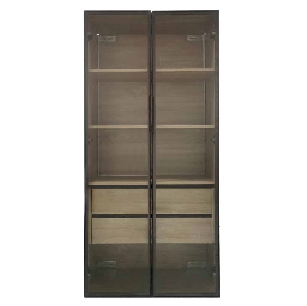 Set di 2 Armadietti da Bagno con LED, 73 cm, 2 Cassetti e 2 Porte in Vetro Satinato Marrone Chiaro