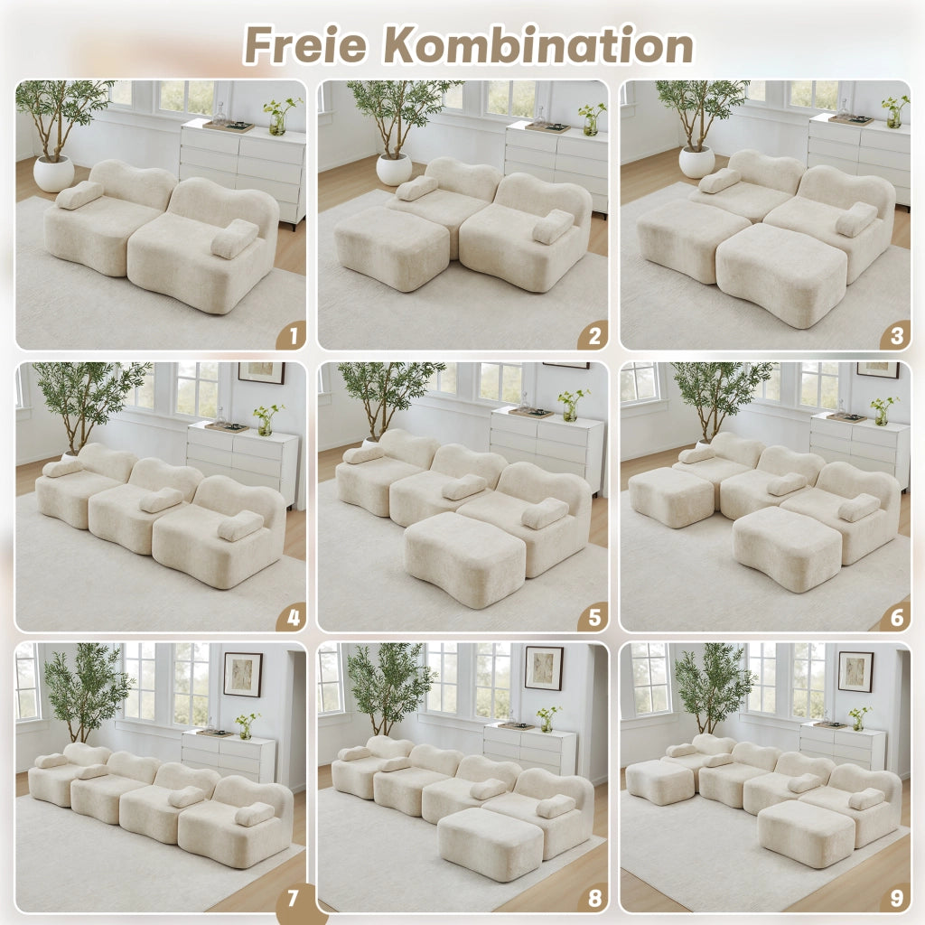 Divano panoramico modulare a 3 posti con 2 pouf in velluto beige configurabile a U o L con seduta profonda