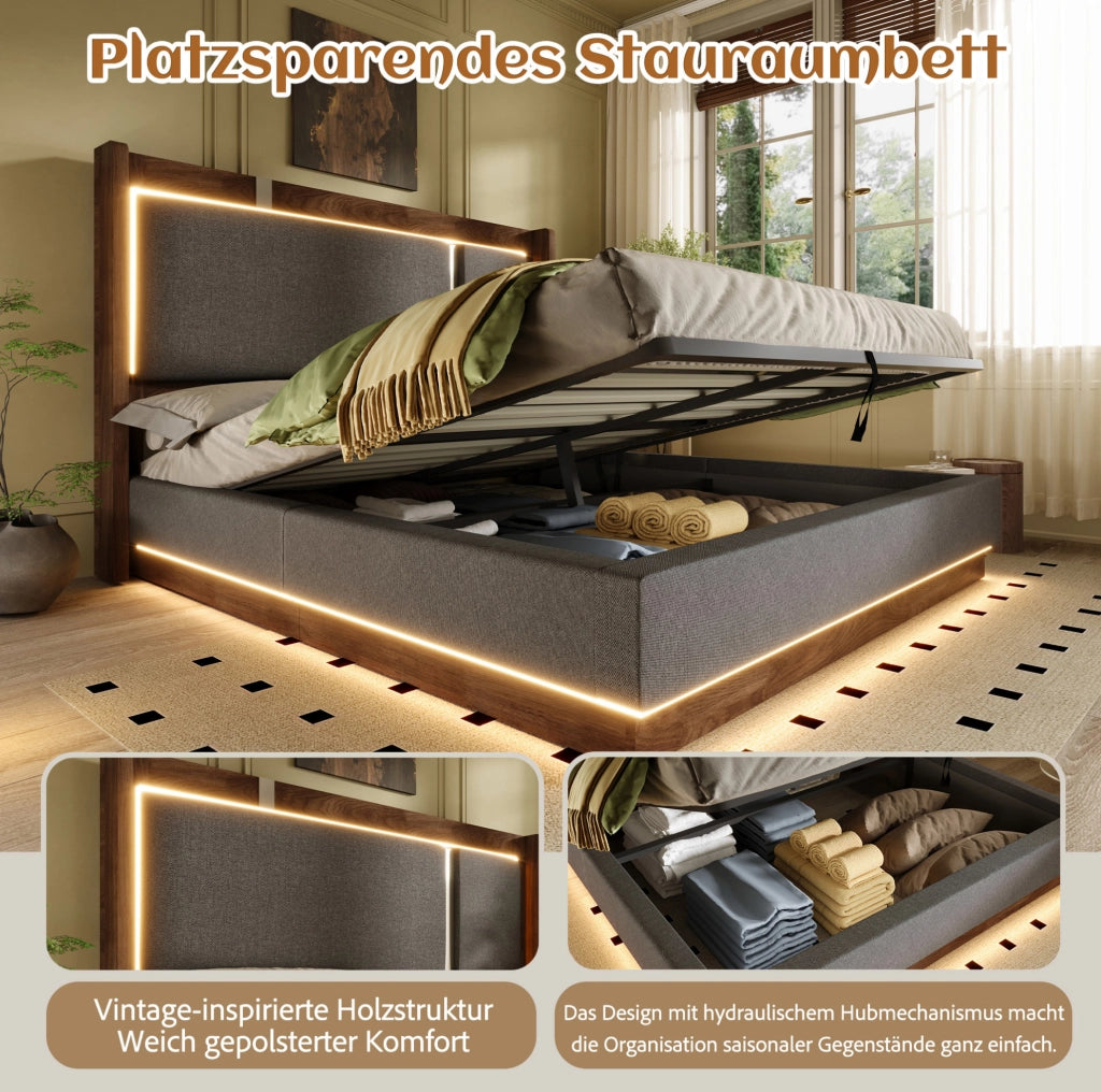 Letto singolo 90x200 cm con testiera imbottita in lino grigio, contenitore con sistema idraulico, LED integrati e rete a doghe in legno e metallo