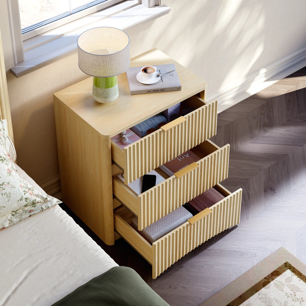 Comodino con 3 cassetti guide ammortizzate maniglie in metallo dorate MDF rovere 58 × 38 × 64 cm