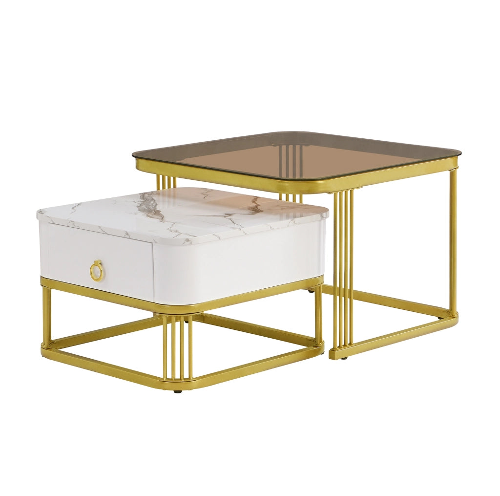 Set di 2 tavolini da salotto a incastro con cassetti in MDF bianco e oro