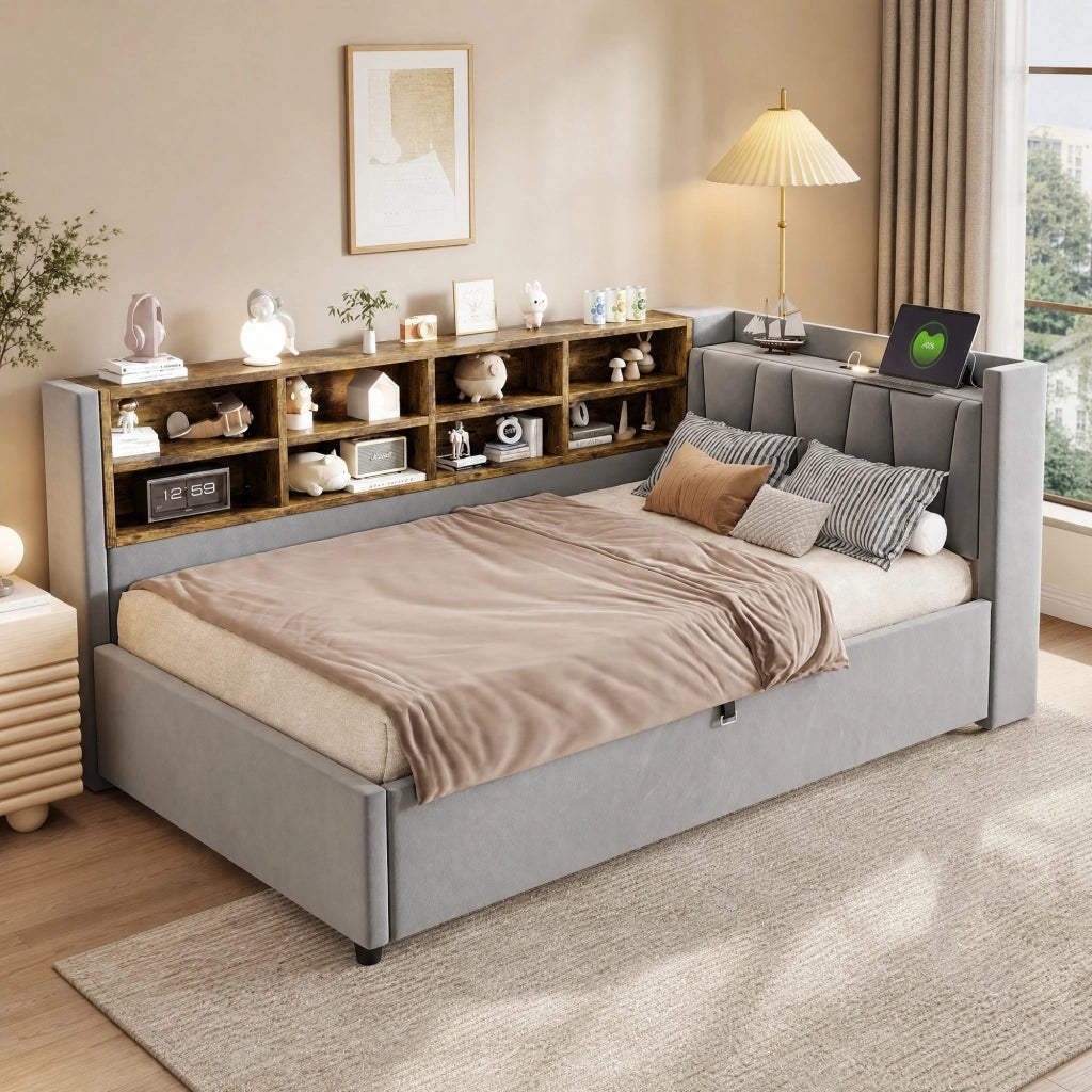 Letto contenitore 90 × 200 cm con testiera imbottita luce notturna USB e Type-C in velluto grigio