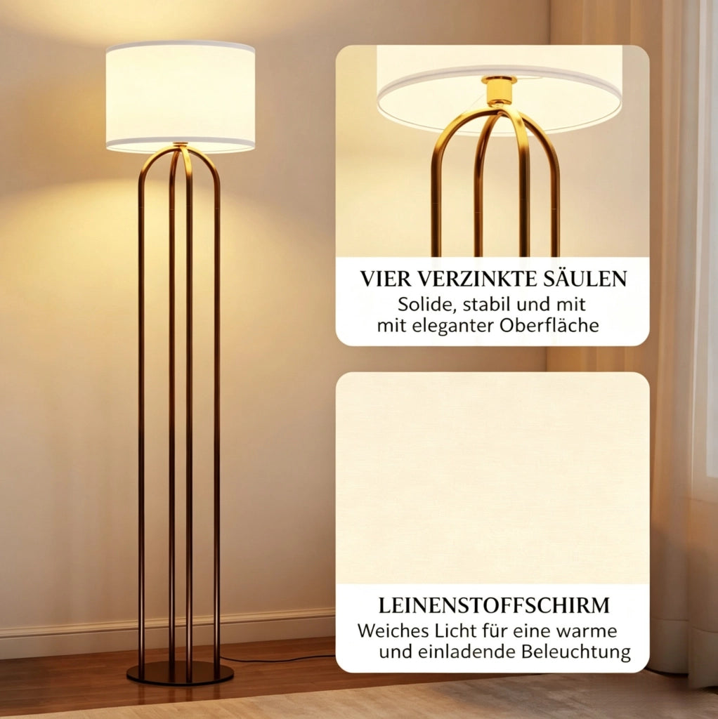 Lampada da terra moderna per soggiorno con paralume beige in lino e interruttore a piede
