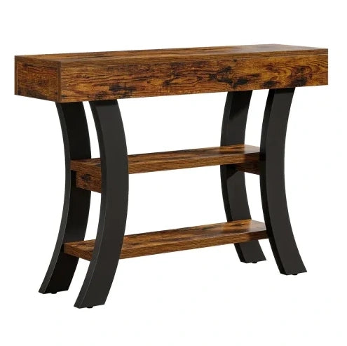 Tavolo consolle 105x30x80 cm nero e marrone rustico, 3 ripiani, MDF e metallo