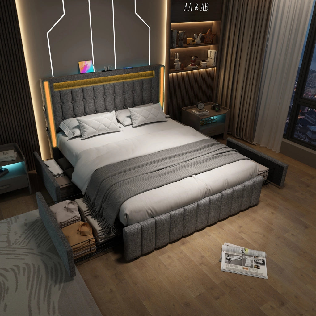 Letto imbottito 140x200 grigio con LED, USB-C, 4 cassetti e rete