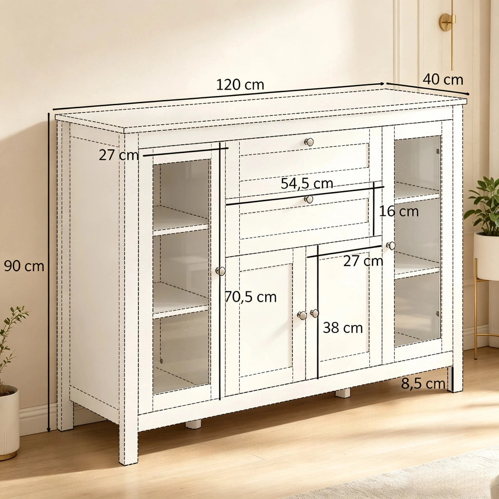 Madia con ante in vetro e 2 cassetti; ripiani regolabili; per cucina e soggiorno; in MDF; 120×40×90 cm