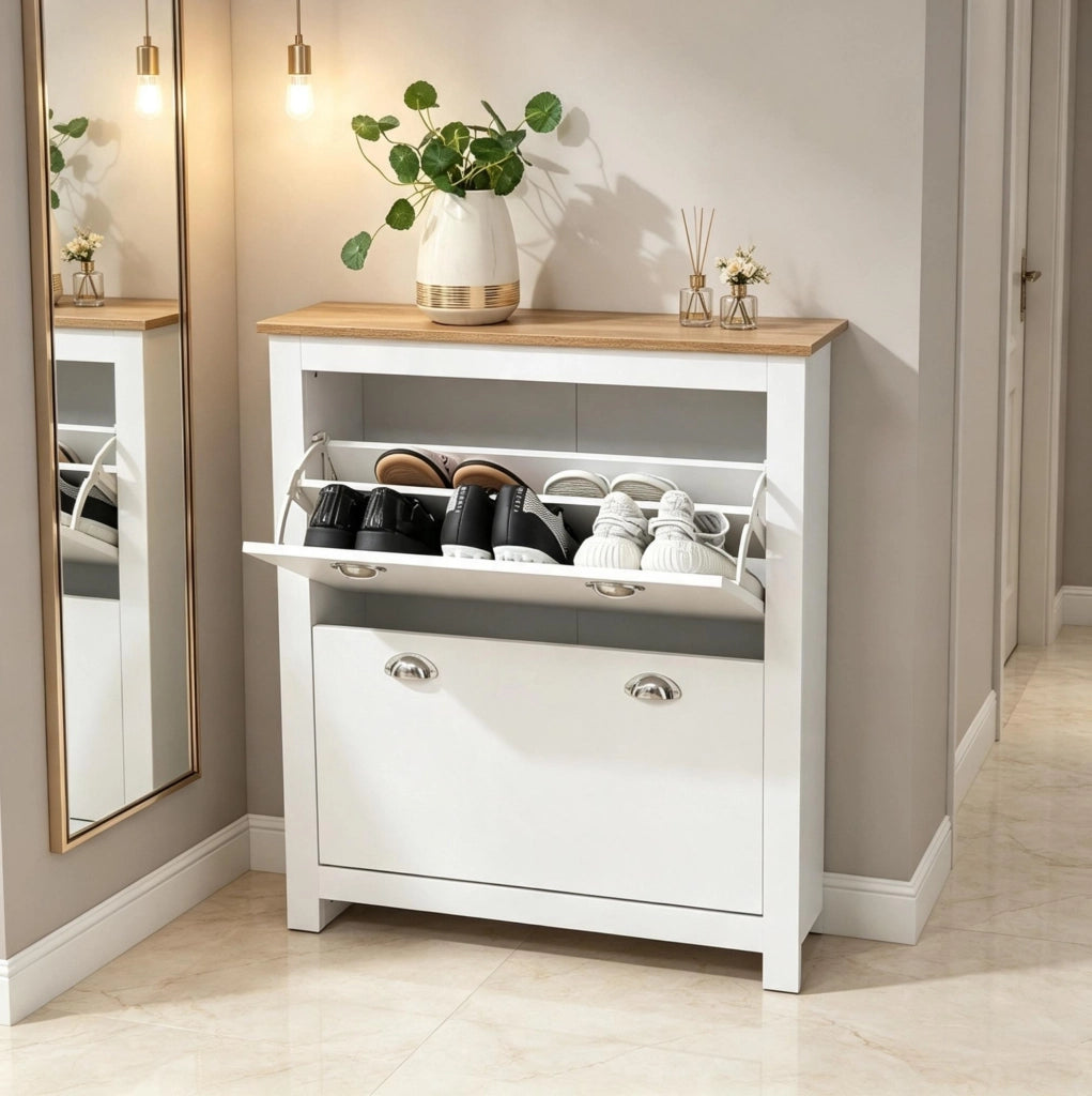 Scarpiera a ribalta 79x23x90;5 cm in MDF effetto rovere e bianco