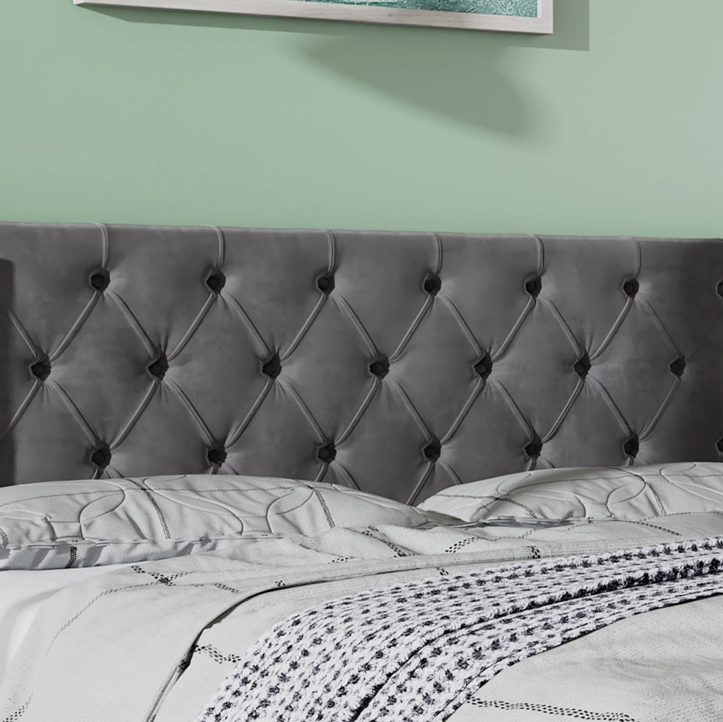 Letto matrimoniale contenitore 160 × 200 cm in velluto grigio con testiera Chesterfield e sollevamento idraulico